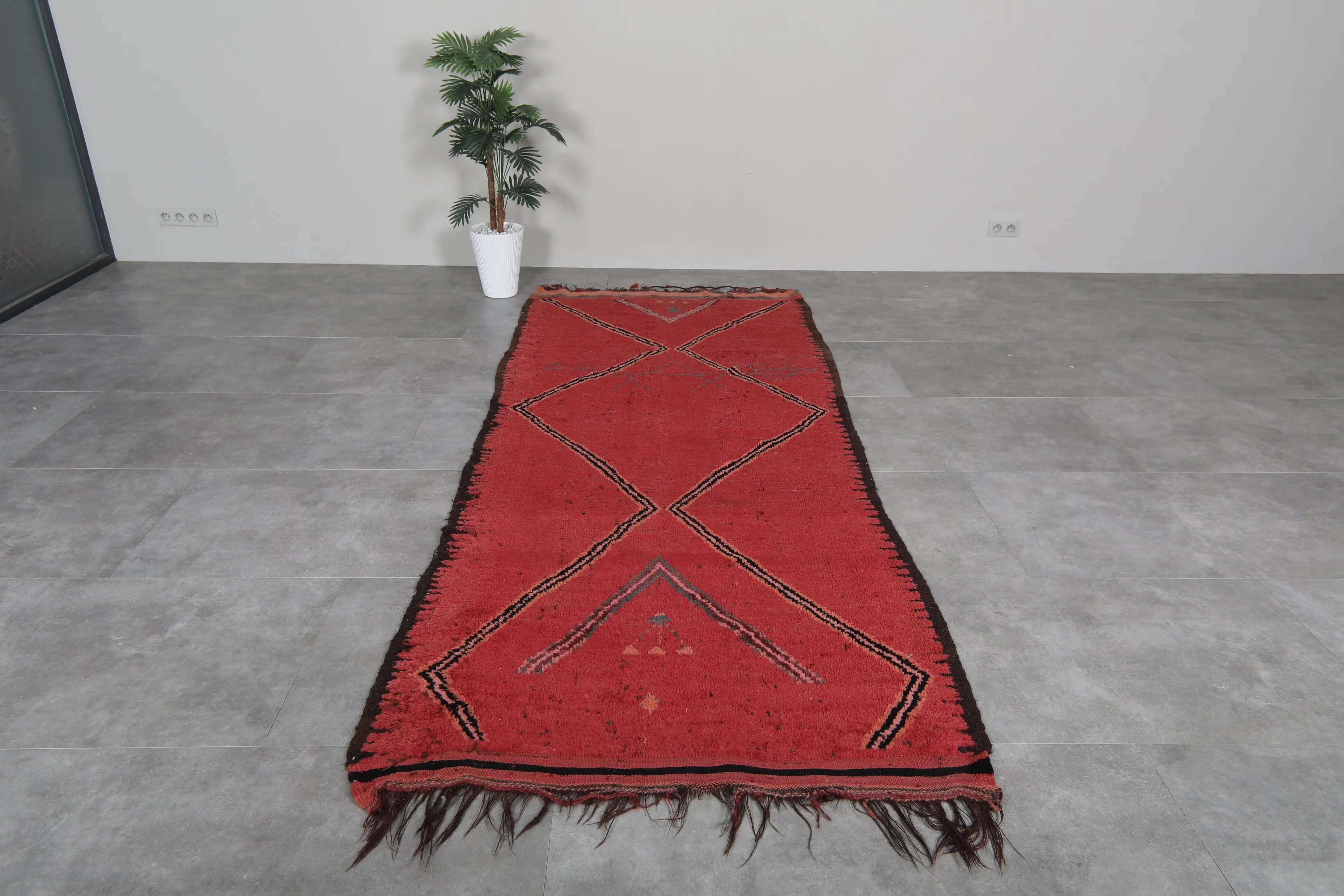 Red Flat Woven Moroccan Kilim Rug – 4.2 x 10.4 Feet | Vintage Berber Carpet