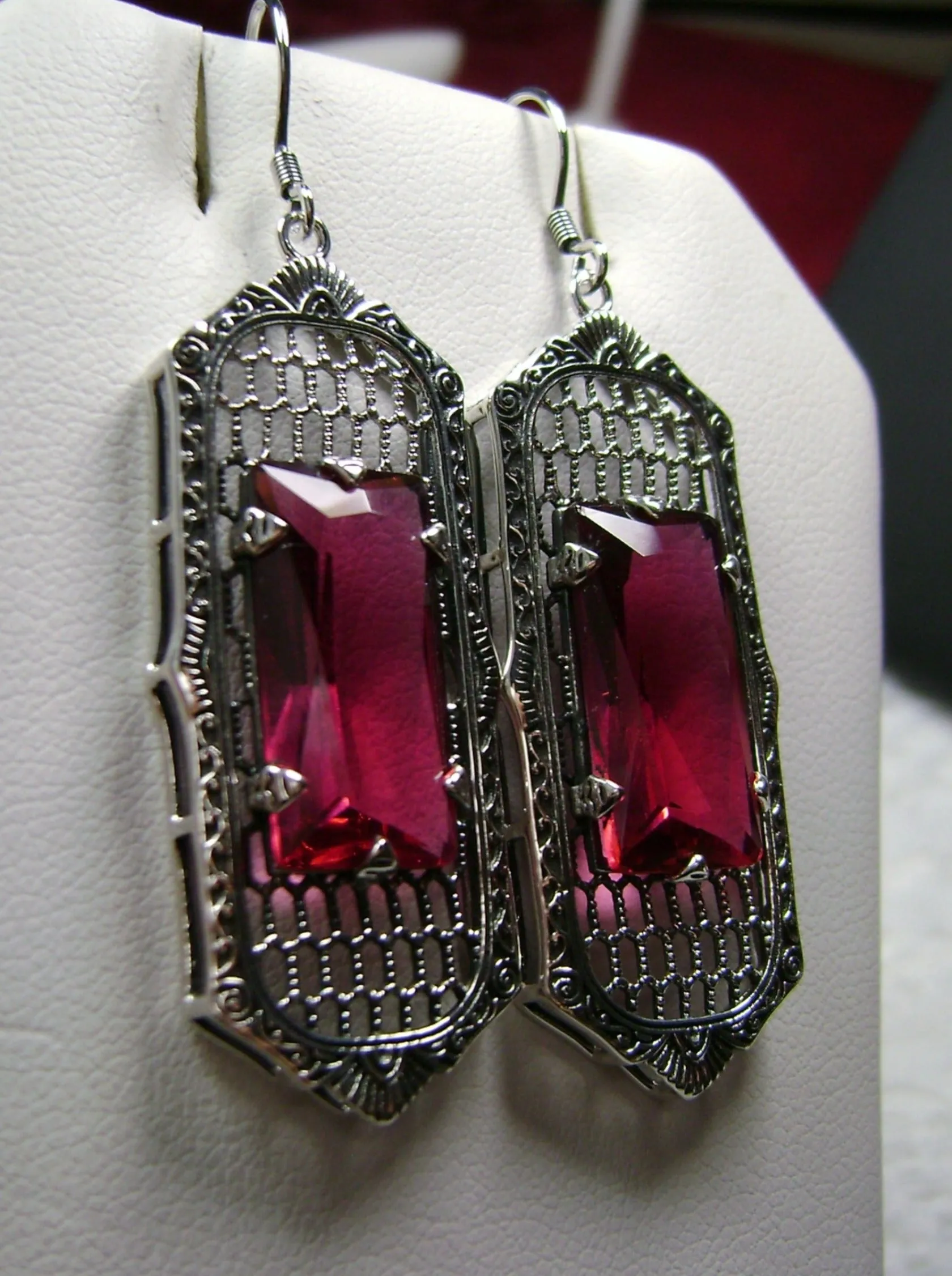 Red Ruby Earrings, Baguette Gem, 1930s Reproduction Art Deco Jewelry, Design E16