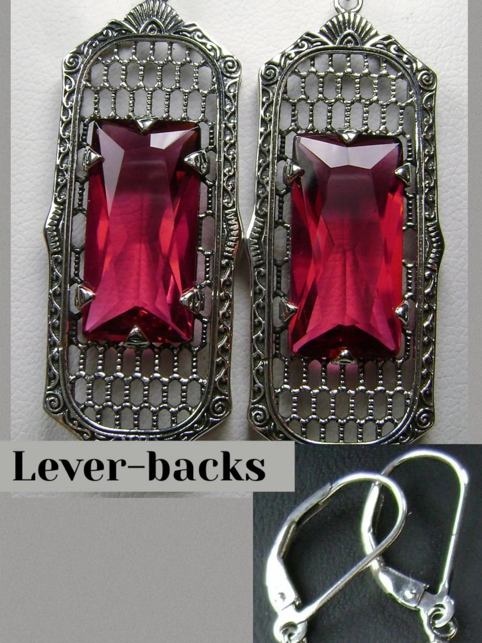 Red Ruby Earrings, Baguette Gem, 1930s Reproduction Art Deco Jewelry, Design E16