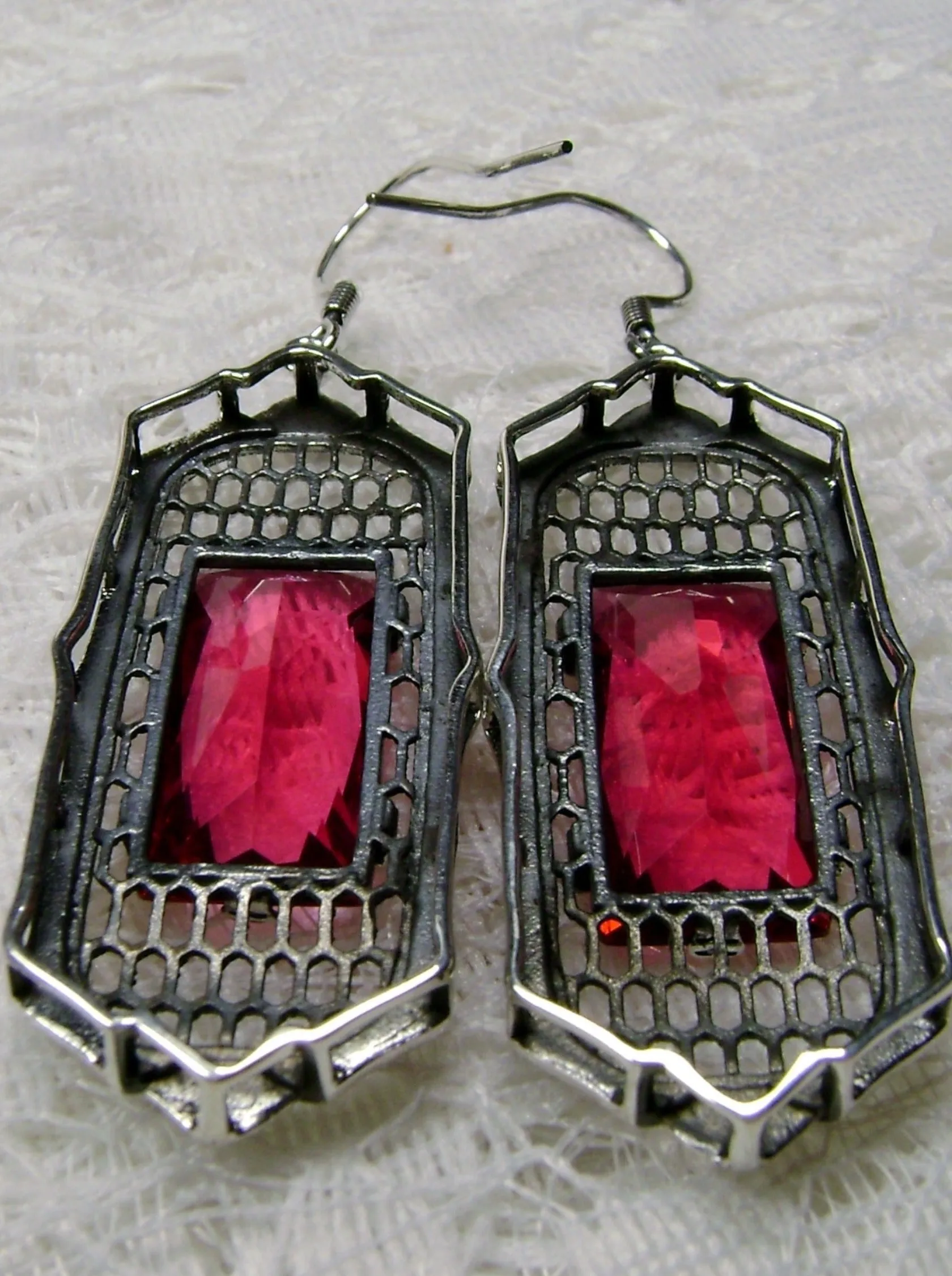Red Ruby Earrings, Baguette Gem, 1930s Reproduction Art Deco Jewelry, Design E16