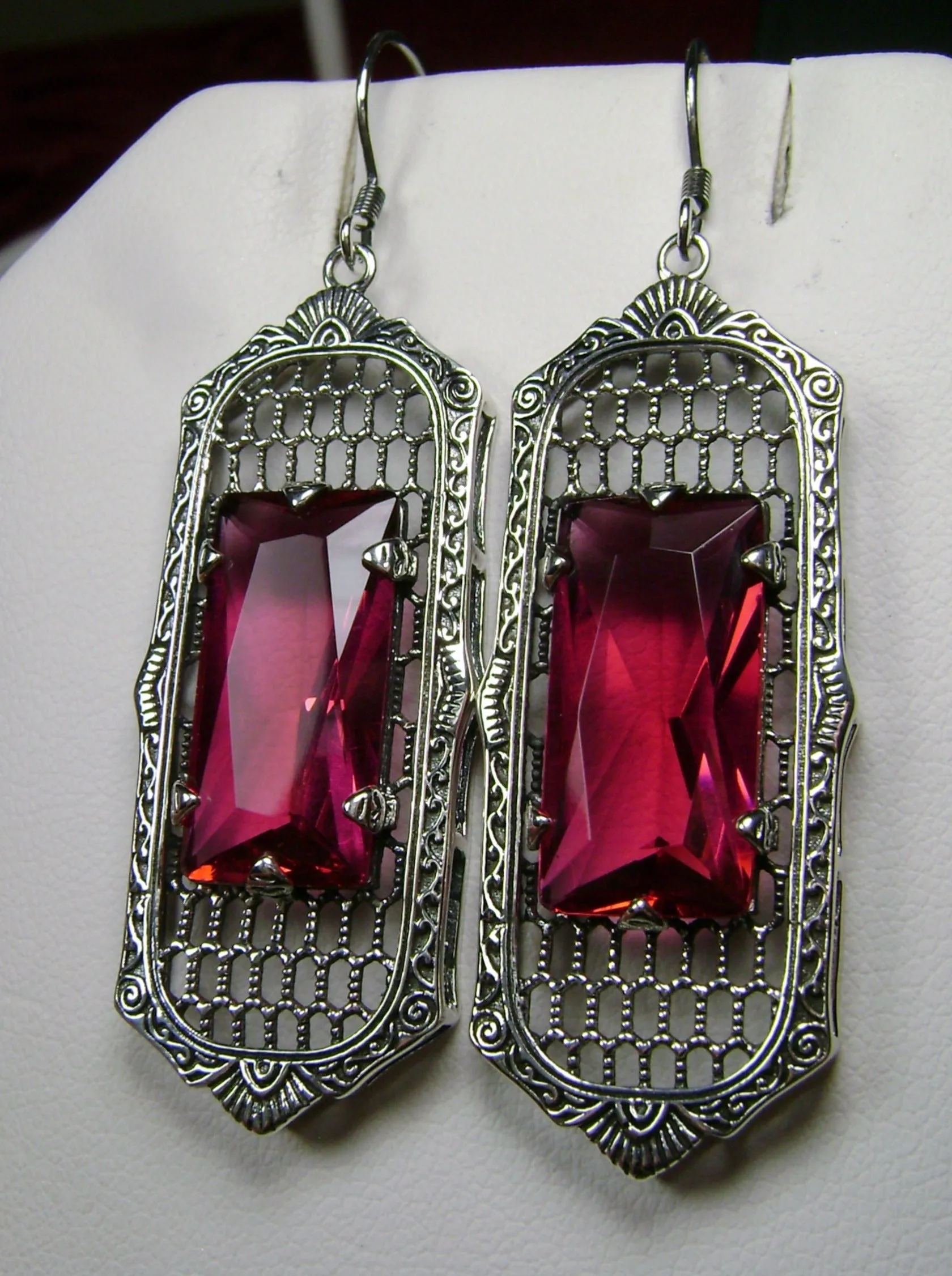 Red Ruby Earrings, Baguette Gem, 1930s Reproduction Art Deco Jewelry, Design E16
