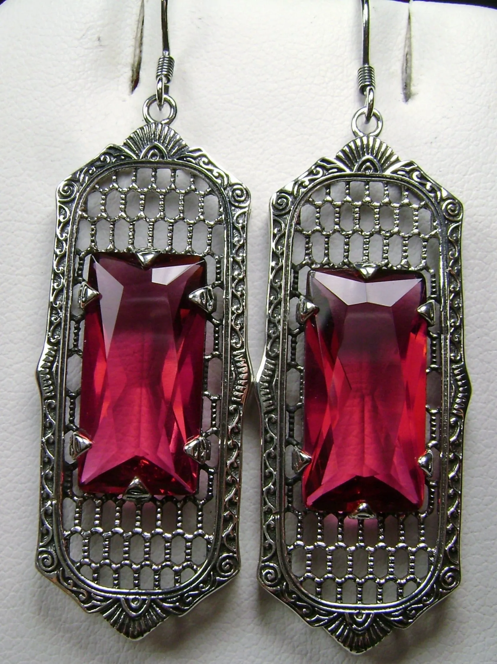Red Ruby Earrings, Baguette Gem, 1930s Reproduction Art Deco Jewelry, Design E16