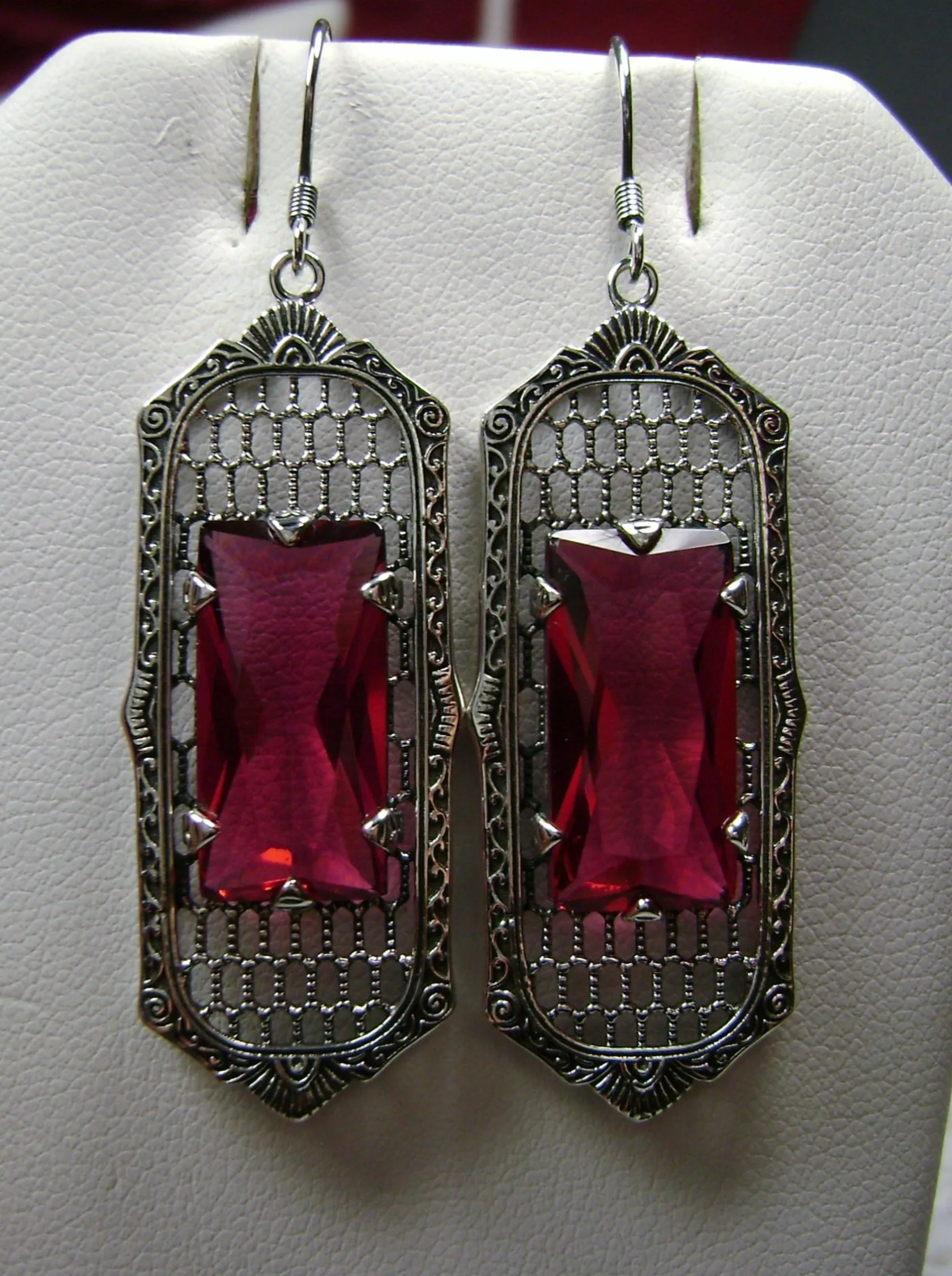 Red Ruby Earrings, Baguette Gem, 1930s Reproduction Art Deco Jewelry, Design E16