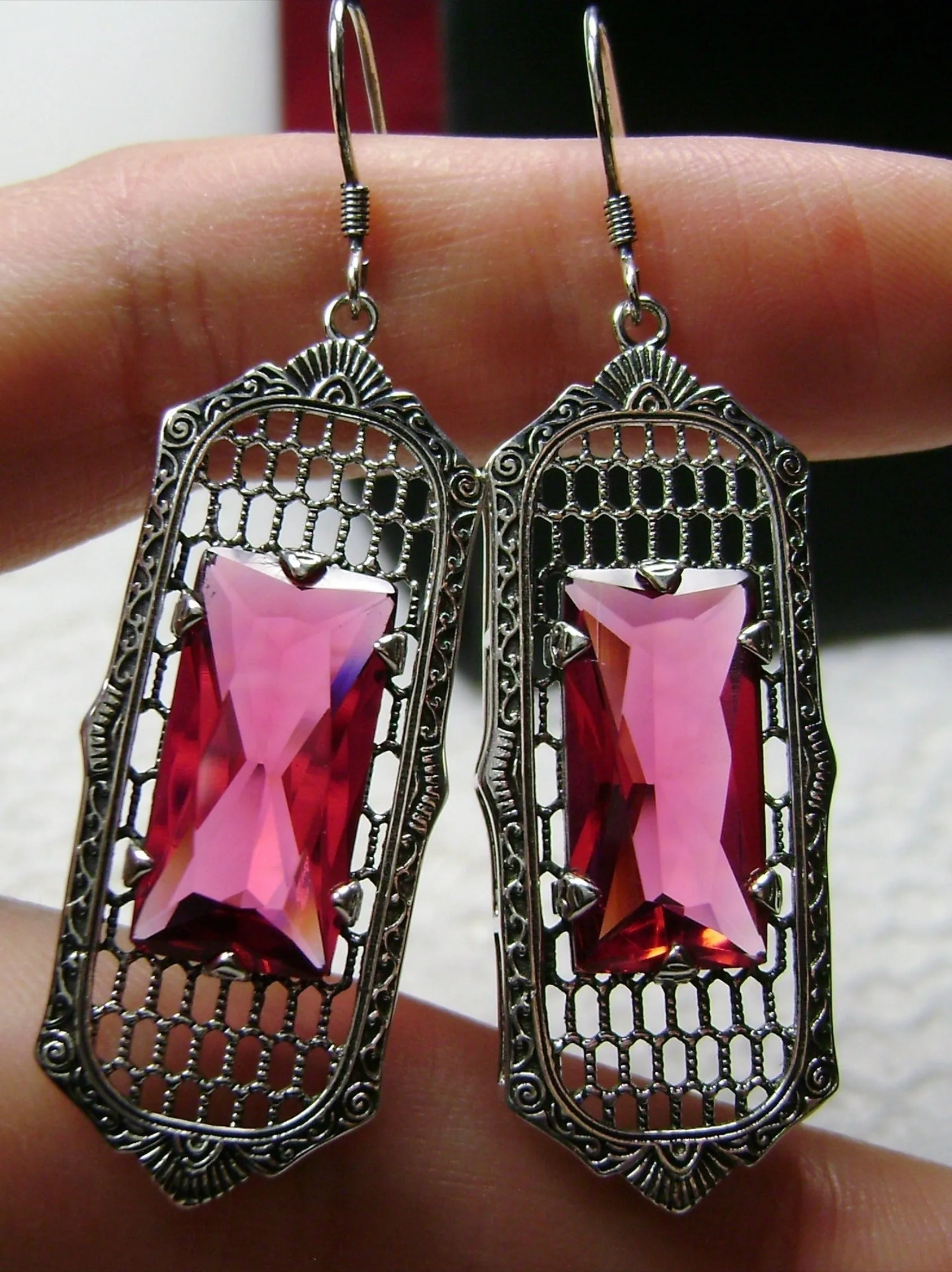 Red Ruby Earrings, Baguette Gem, 1930s Reproduction Art Deco Jewelry, Design E16