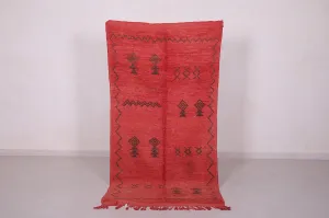 Red Vintage Moroccan Handwoven Kilim Rug - Minimalist Design - 3.5x7.1 ft