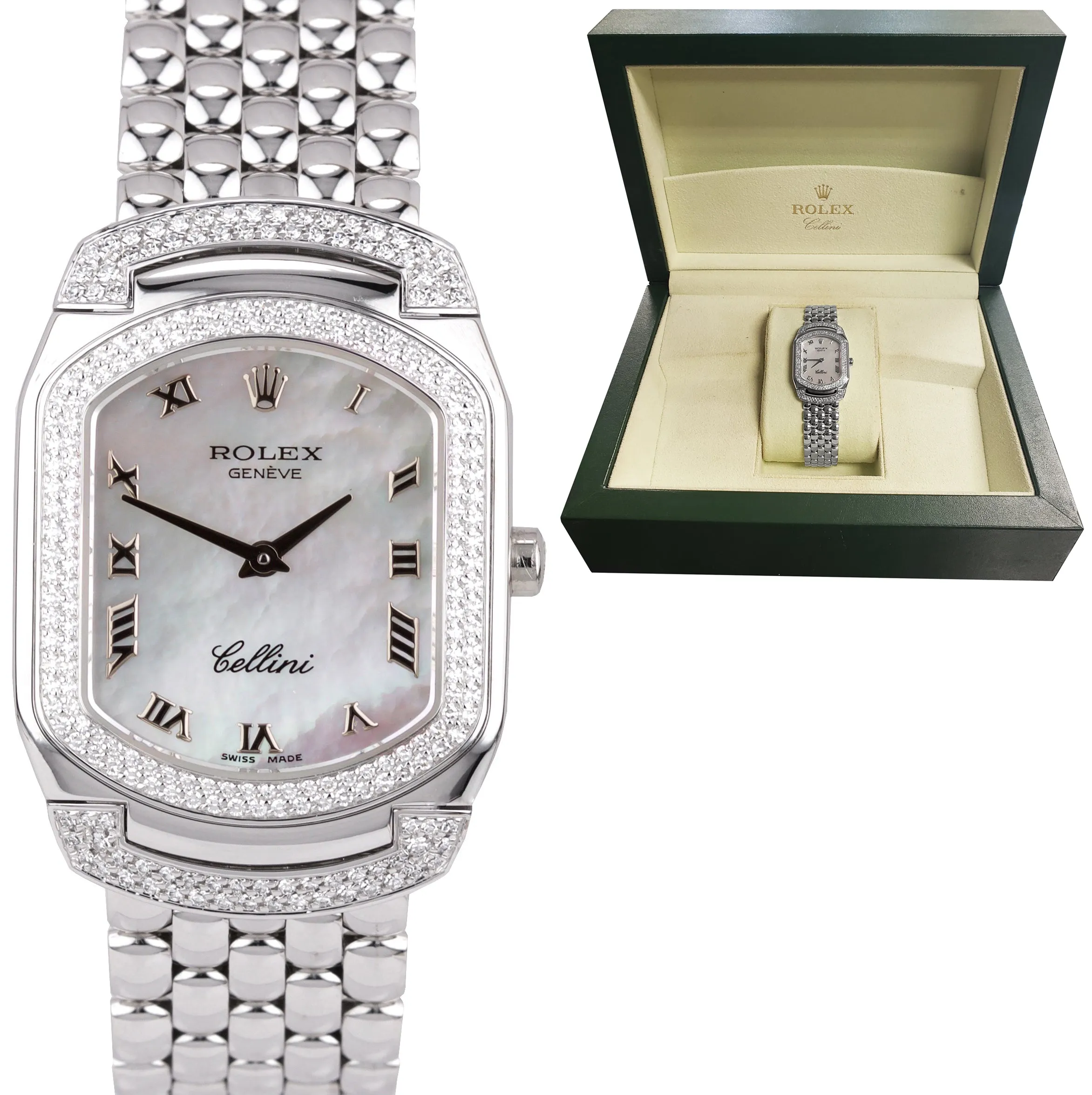 Rolex Cellini Cellissima 18K White Gold MOP 222 Diamond Swiss Quartz Watch 6693