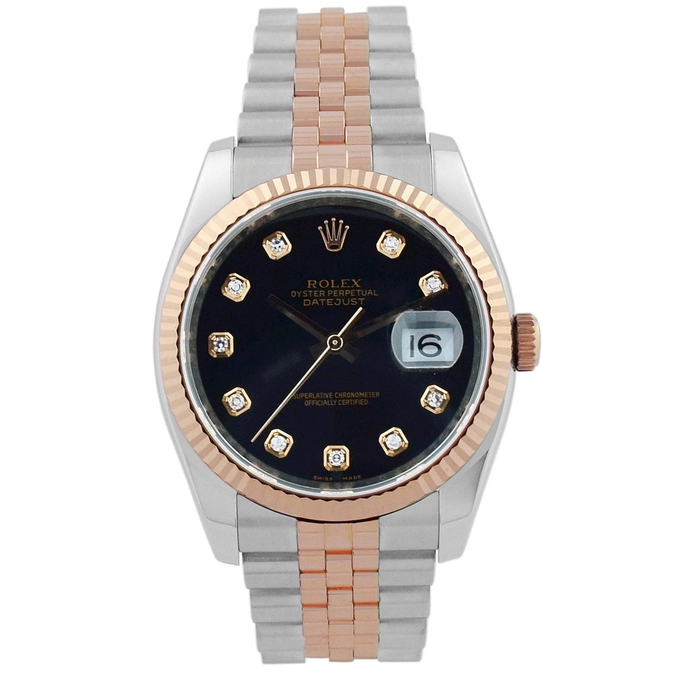 Rolex Datejust 18KT Rose Gold & Steel 36mm Black Diamond Dial Watch Reference #: 116231