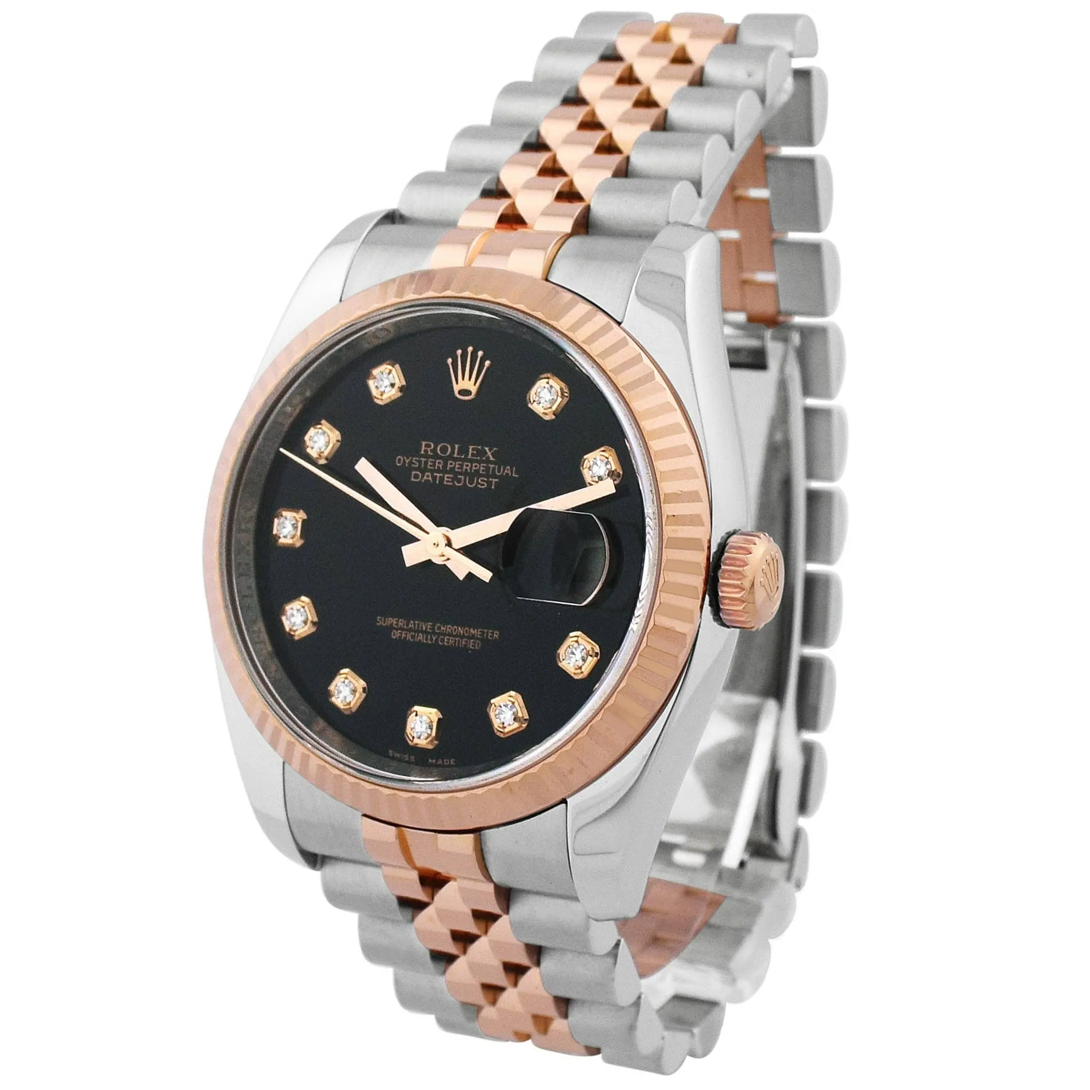 Rolex Datejust 18KT Rose Gold & Steel 36mm Black Diamond Dial Watch Reference #: 116231