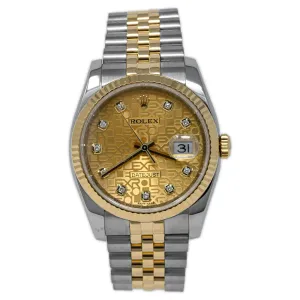 Rolex Unisex Datejust 36 18K Yellow Gold & Steel 36mm Champagne "Jubilee Print" Diamond Dot Dial Watch Reference #: 116233