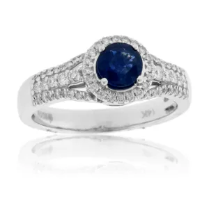 Round Blue Sapphire & Diamond Halo Ring