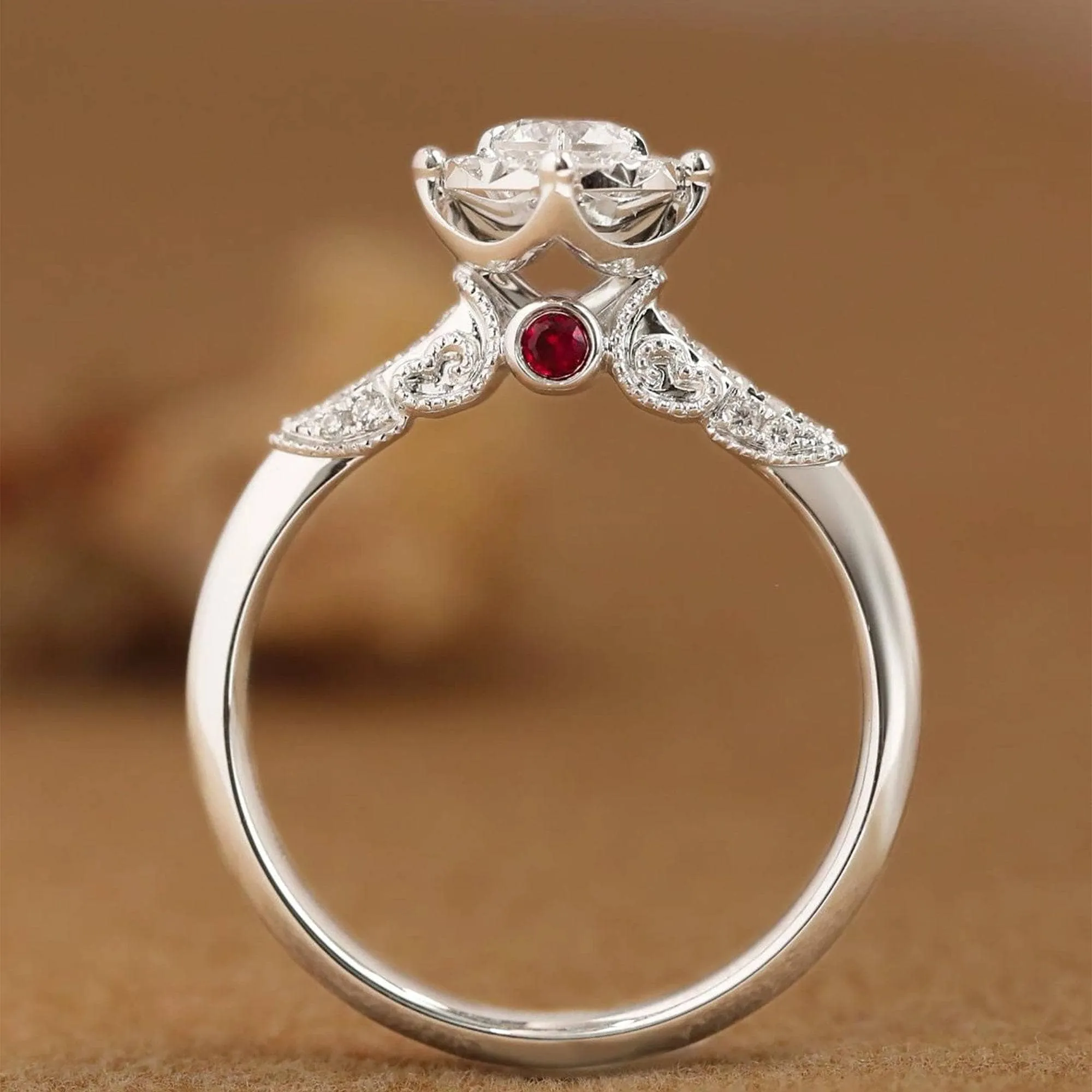 Round Cut 18k Diamond with Ruby Antique Design Engagement Ring