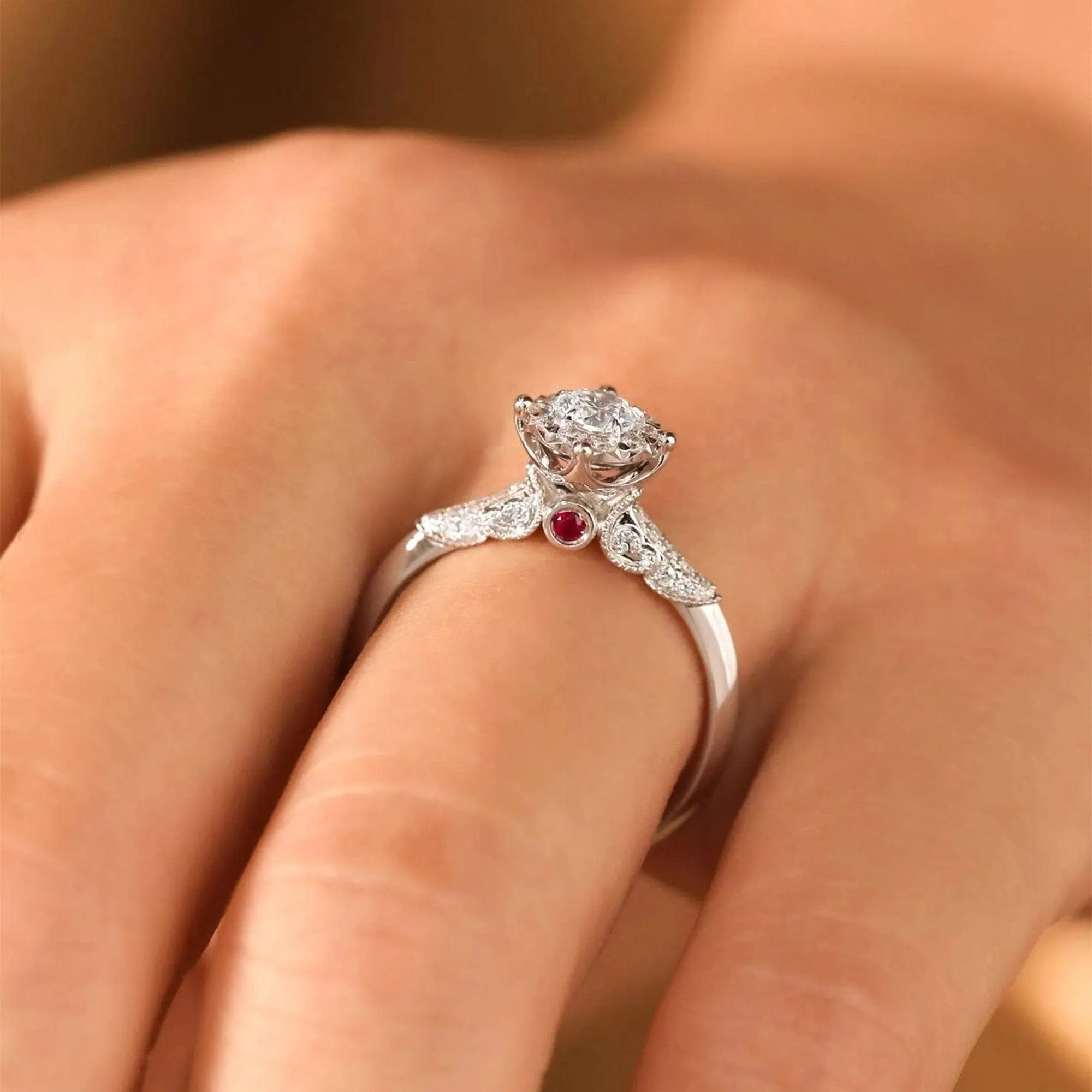 Round Cut 18k Diamond with Ruby Antique Design Engagement Ring