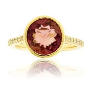 Round Pink Tourmaline Rubelite & Diamond Ring