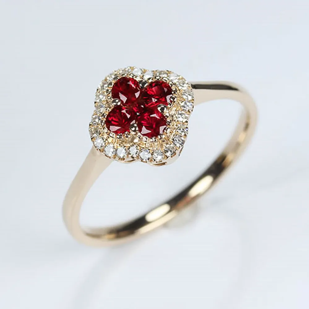 Ruby 4 Leaf Lucky Clover Ring With Diamond Halo