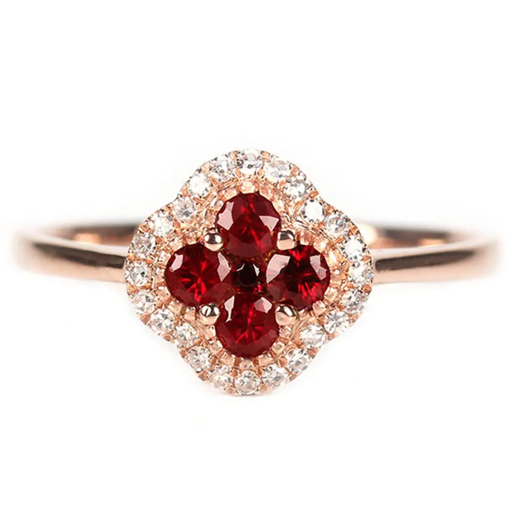 Ruby 4 Leaf Lucky Clover Ring With Diamond Halo