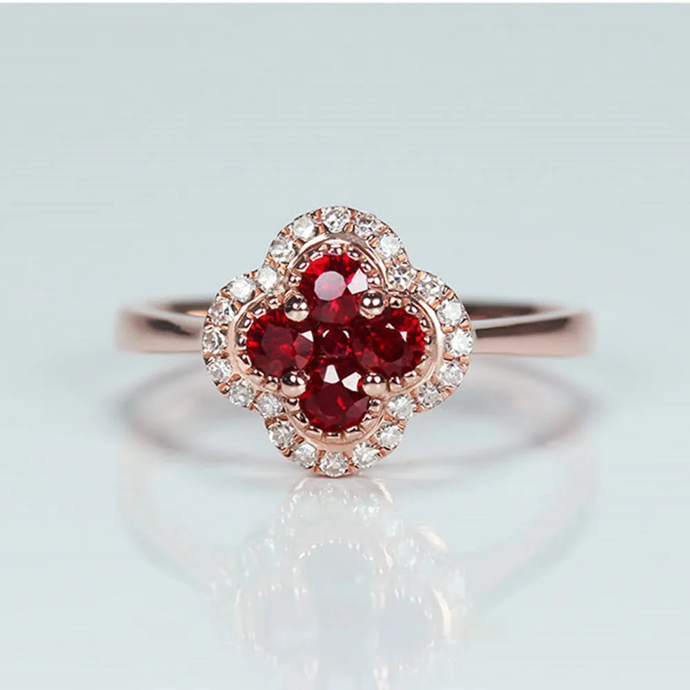 Ruby 4 Leaf Lucky Clover Ring With Diamond Halo