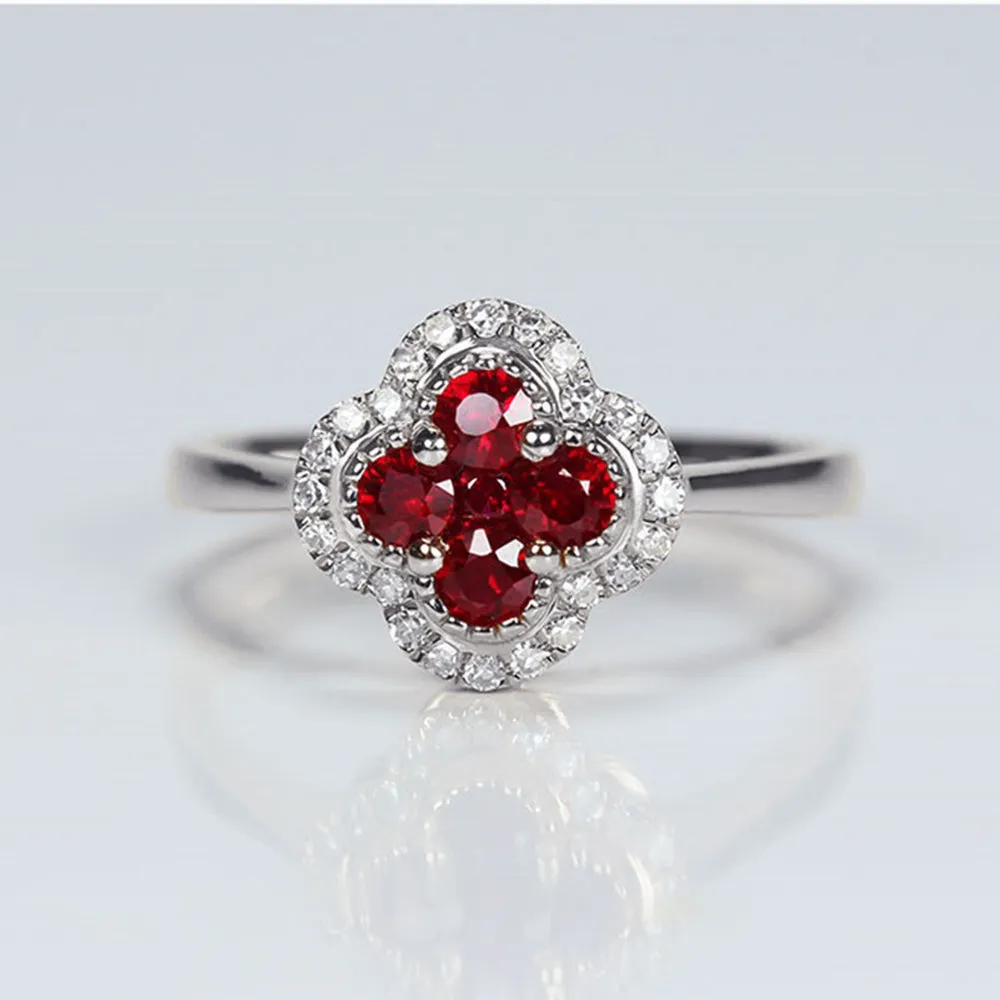 Ruby 4 Leaf Lucky Clover Ring With Diamond Halo