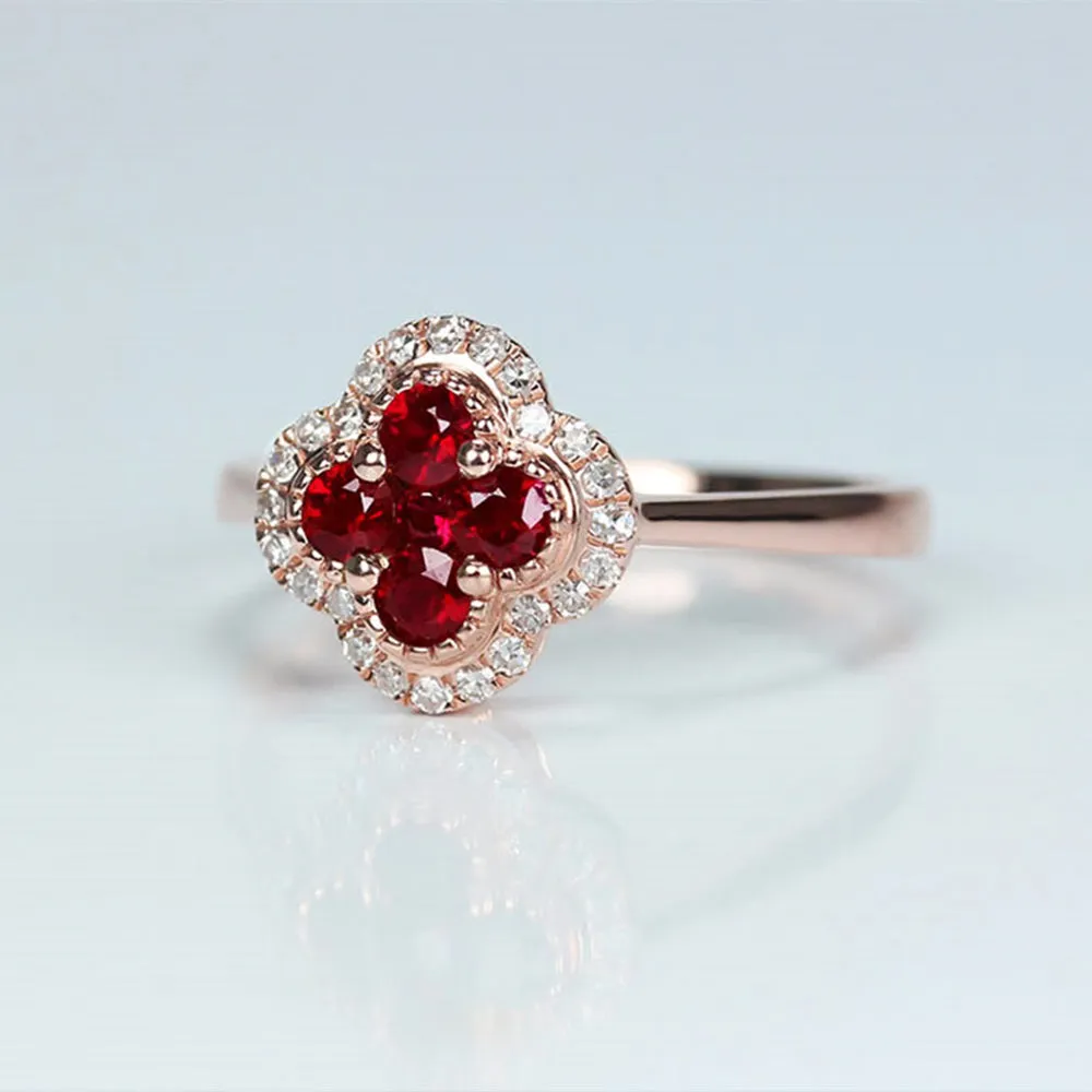 Ruby 4 Leaf Lucky Clover Ring With Diamond Halo