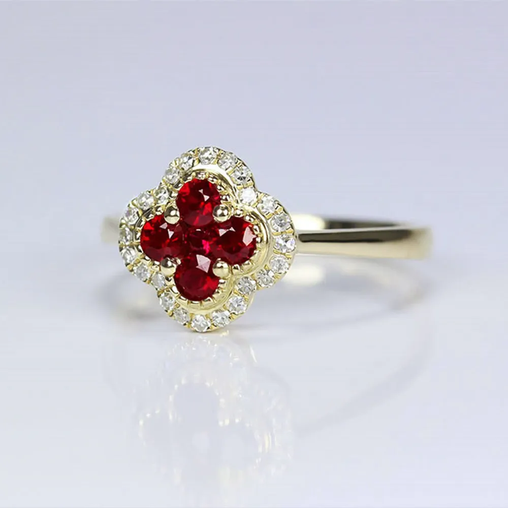 Ruby 4 Leaf Lucky Clover Ring With Diamond Halo