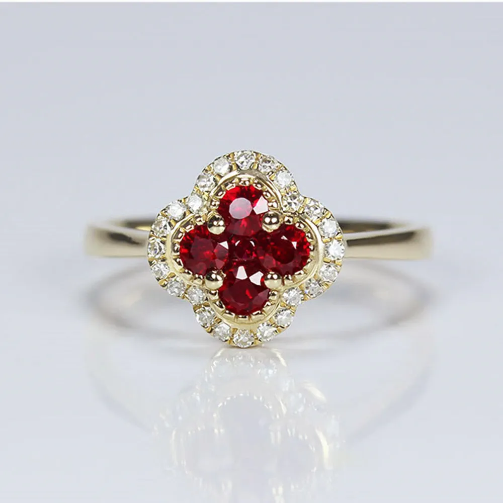 Ruby 4 Leaf Lucky Clover Ring With Diamond Halo