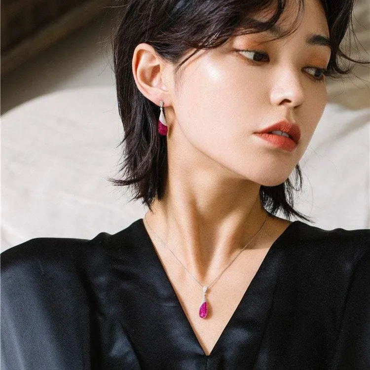 Ruby and Diamond Dangle Earrings and Pendant Necklace