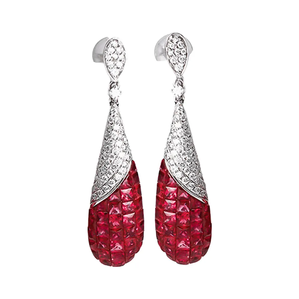 Ruby and Diamond Dangle Earrings and Pendant Necklace