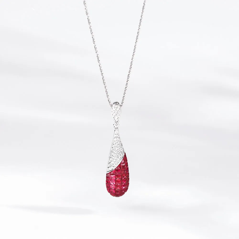 Ruby and Diamond Dangle Earrings and Pendant Necklace