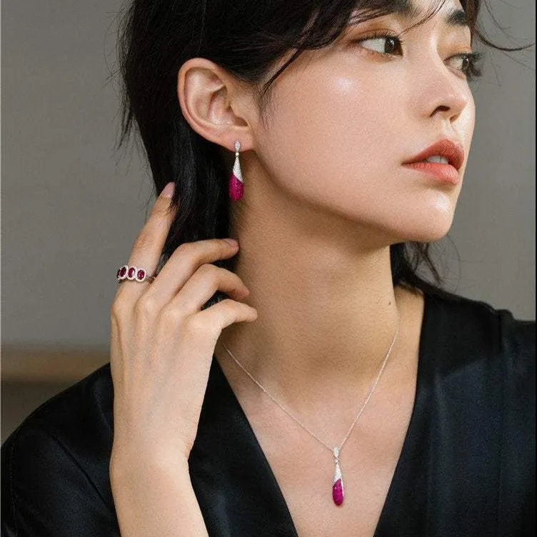 Ruby and Diamond Dangle Earrings and Pendant Necklace