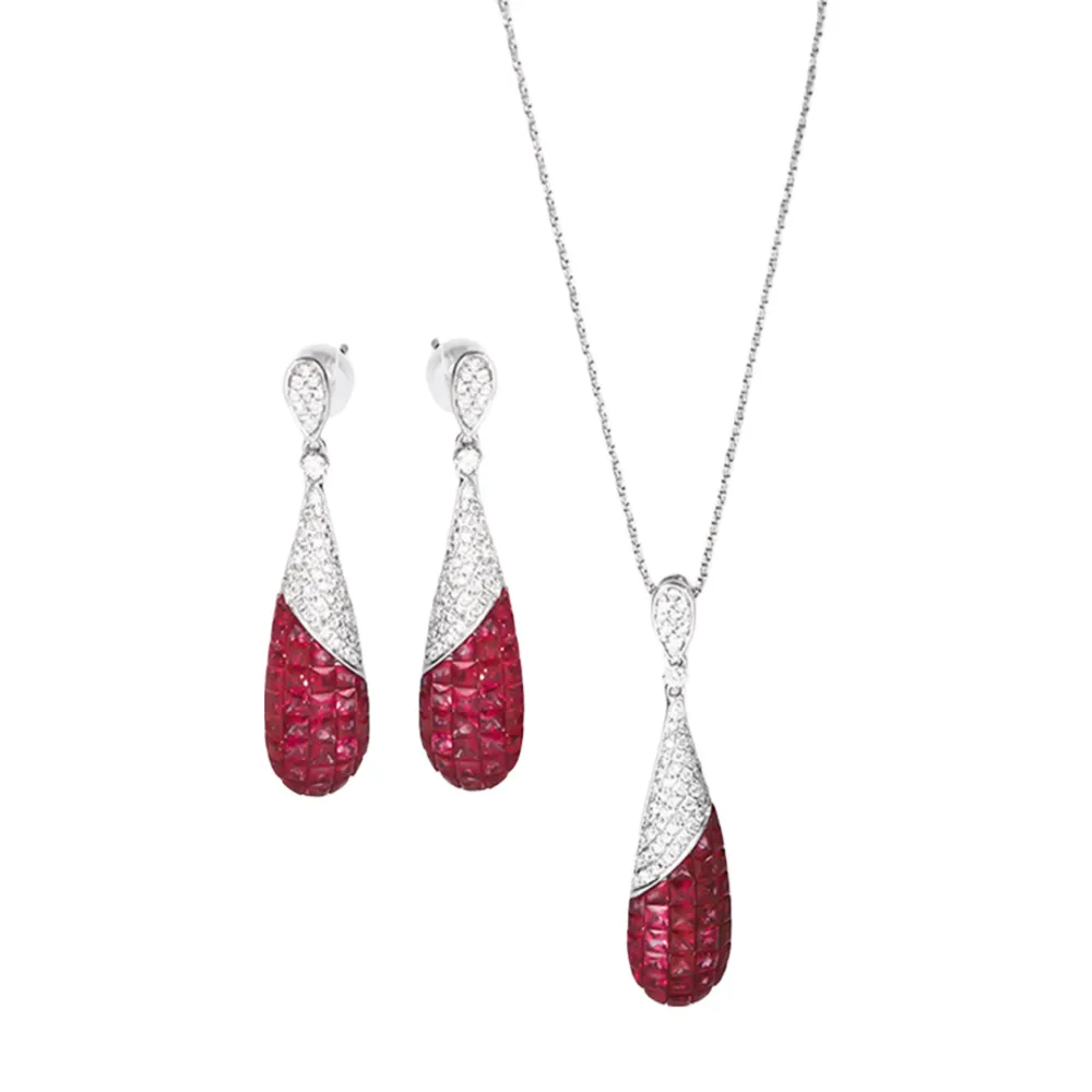 Ruby and Diamond Dangle Earrings and Pendant Necklace