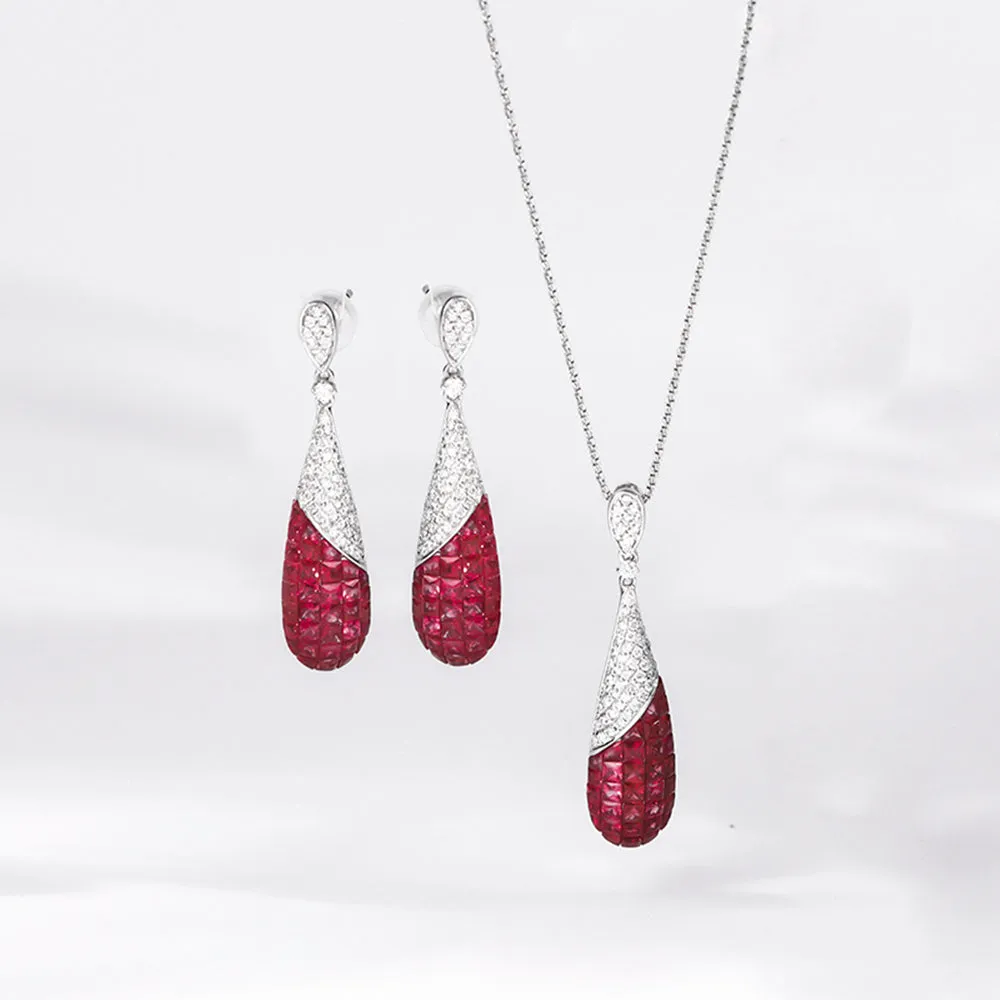 Ruby and Diamond Dangle Earrings and Pendant Necklace