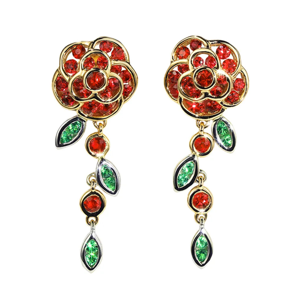 Ruby and Tsavorite Rose Flower Dangle Earrings