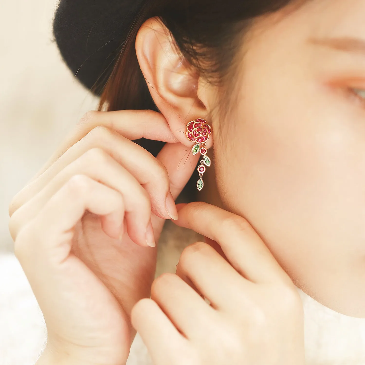 Ruby and Tsavorite Rose Flower Dangle Earrings