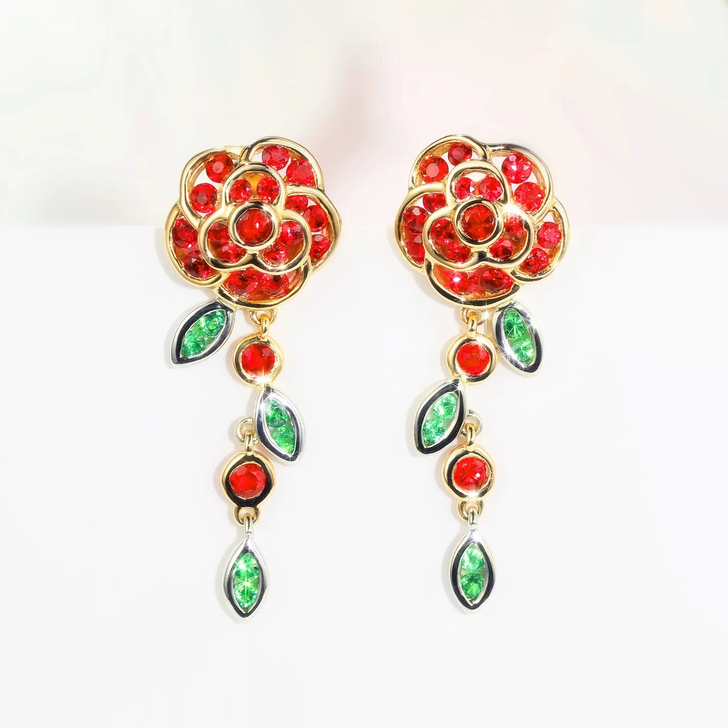 Ruby and Tsavorite Rose Flower Dangle Earrings