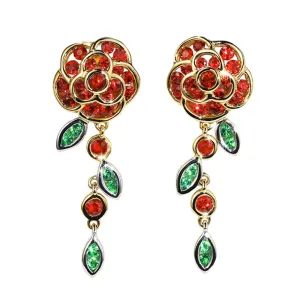 Ruby and Tsavorite Rose Flower Dangle Earrings