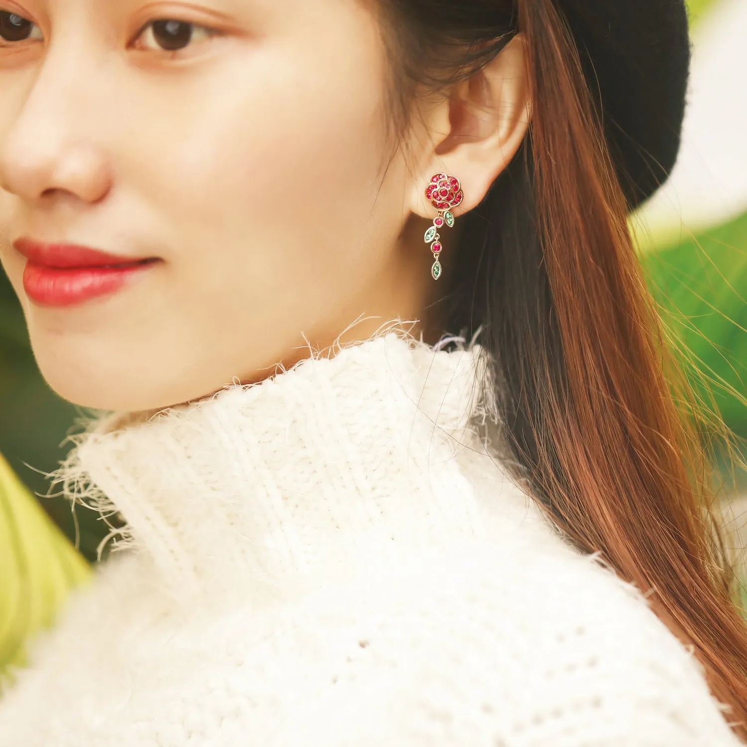 Ruby and Tsavorite Rose Flower Dangle Earrings