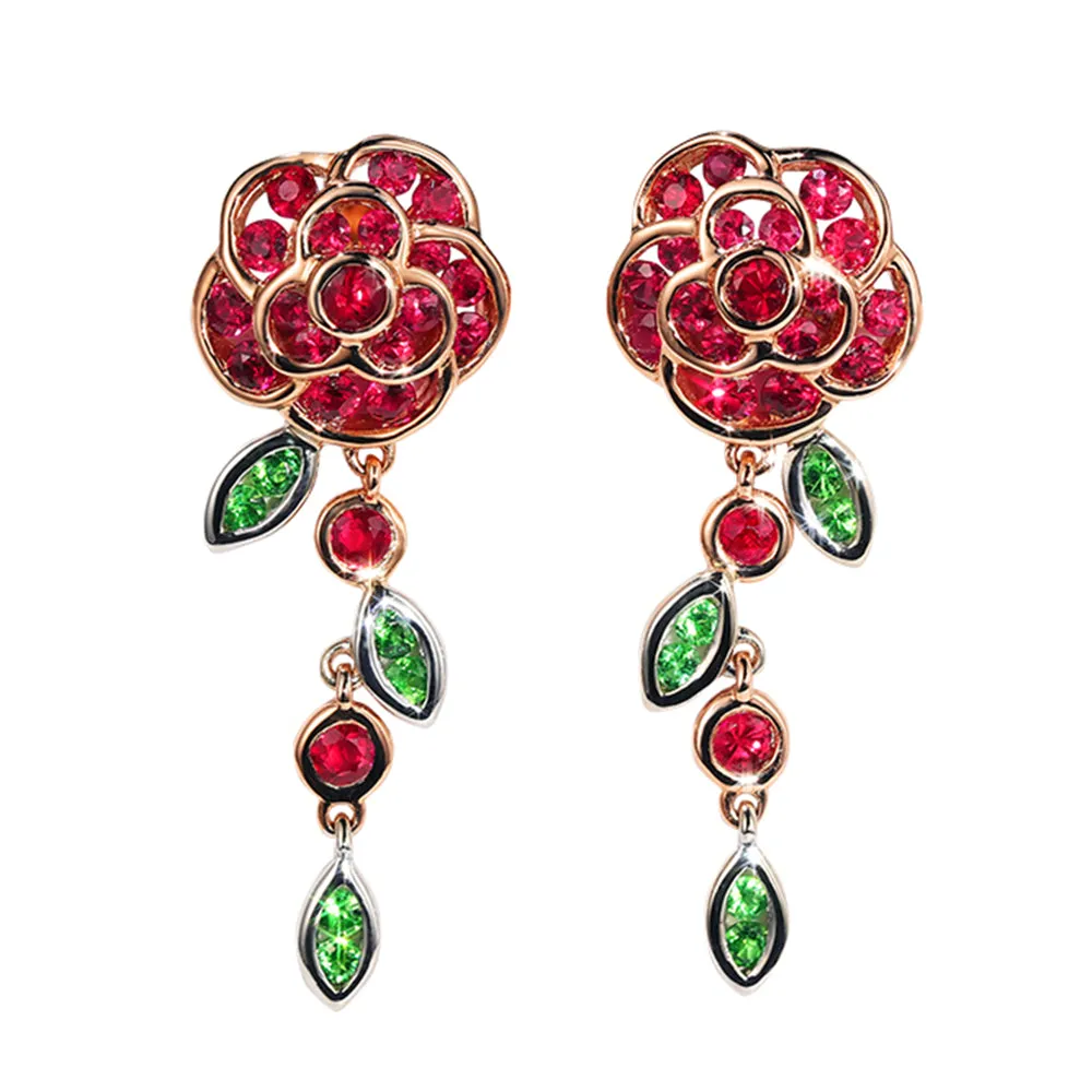 Ruby and Tsavorite Rose Flower Dangle Earrings