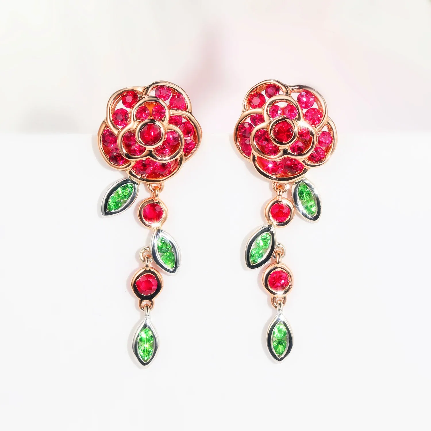 Ruby and Tsavorite Rose Flower Dangle Earrings