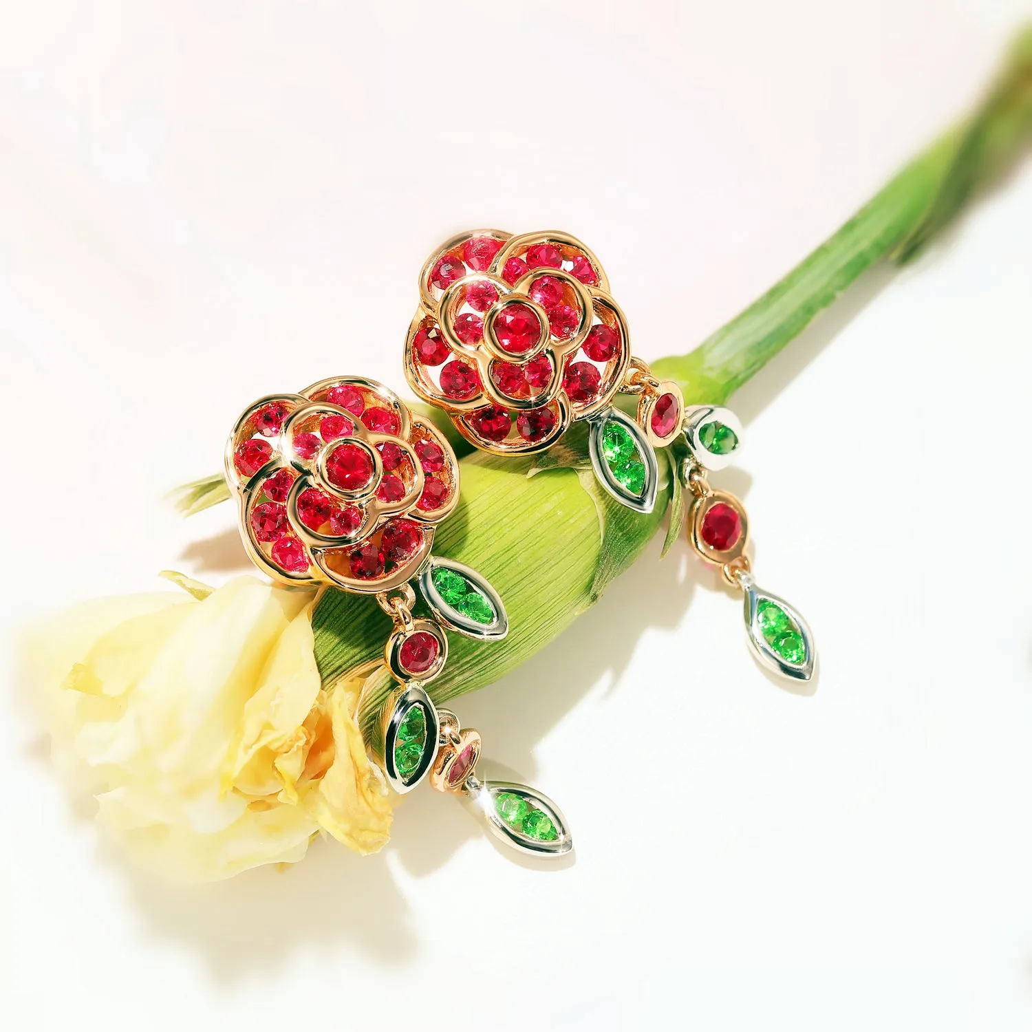 Ruby and Tsavorite Rose Flower Dangle Earrings