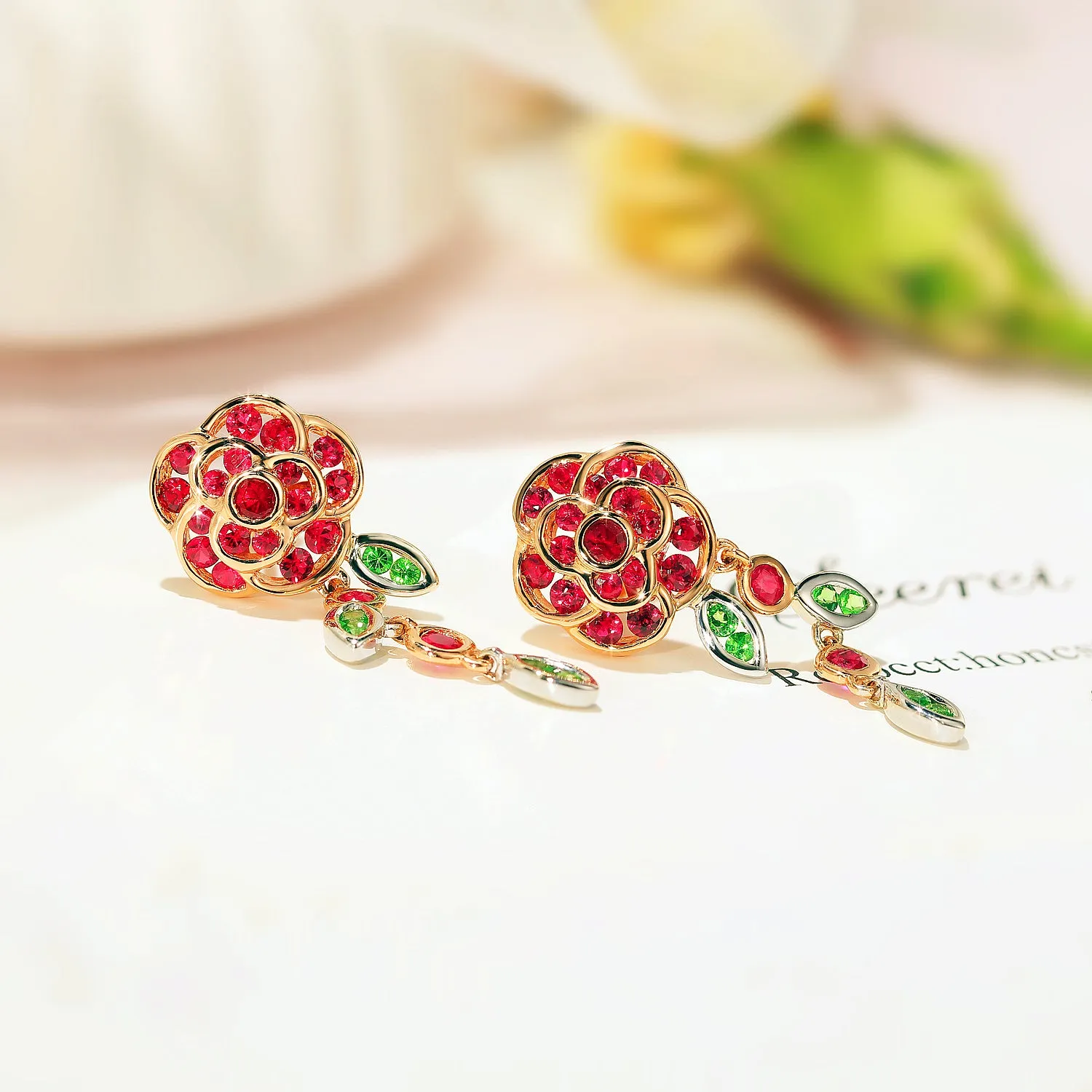 Ruby and Tsavorite Rose Flower Dangle Earrings