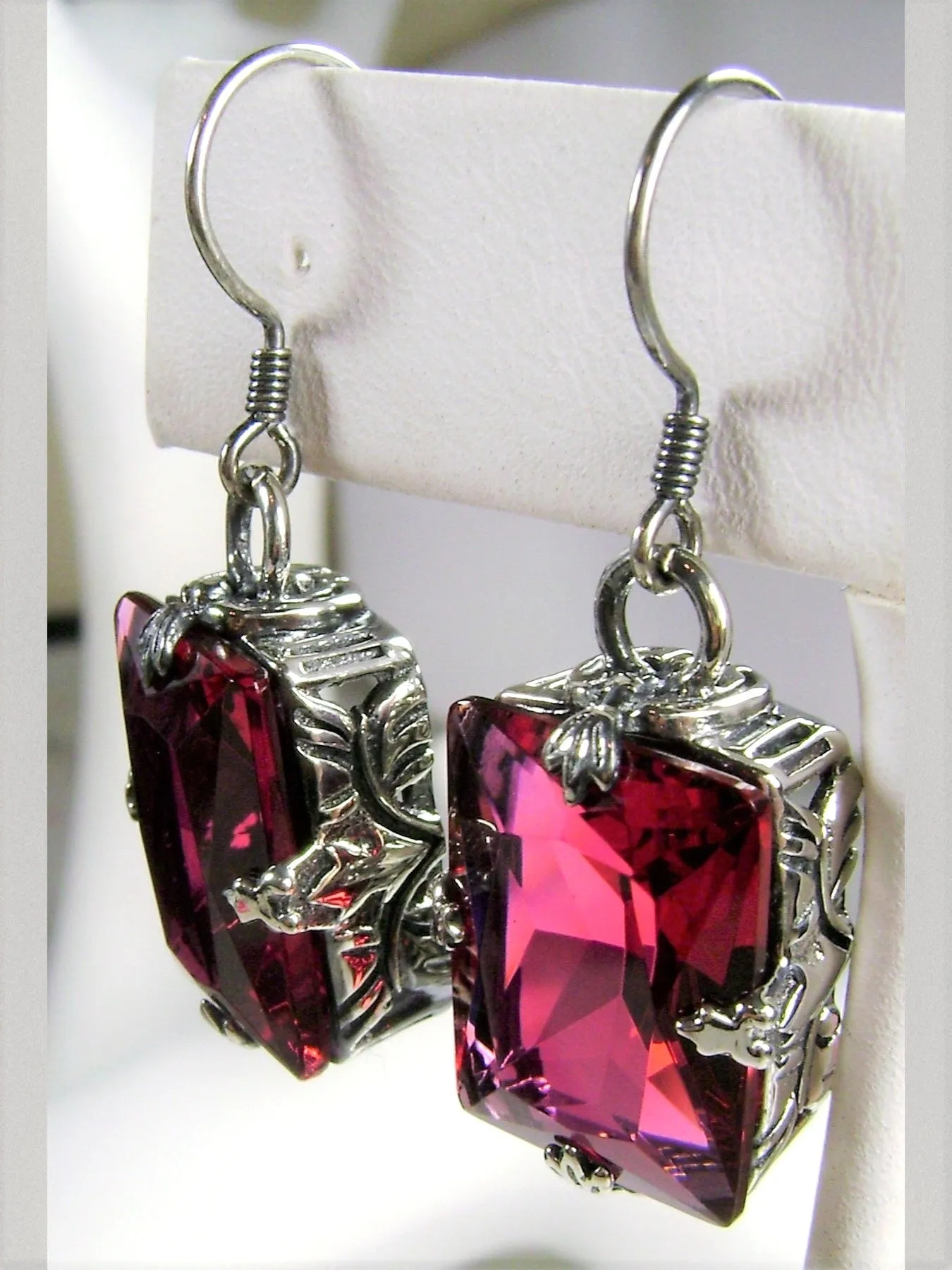 Ruby Earrings, GL Earrings, Art Deco Sterling Silver Filigree, Vintage Jewelry #E15.