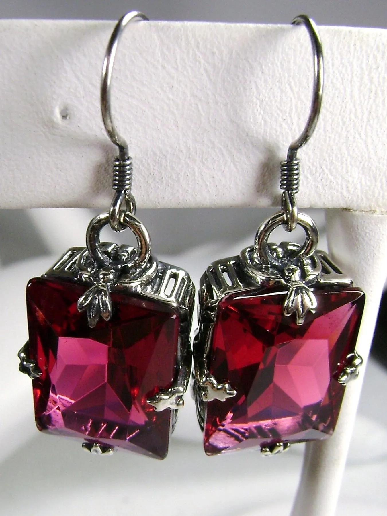 Ruby Earrings, GL Earrings, Art Deco Sterling Silver Filigree, Vintage Jewelry #E15.