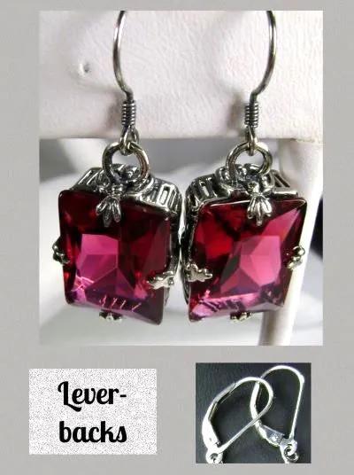 Ruby Earrings, GL Earrings, Art Deco Sterling Silver Filigree, Vintage Jewelry #E15.