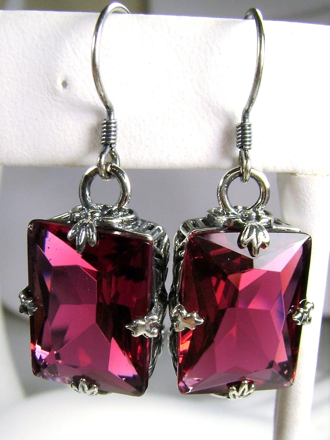 Ruby Earrings, GL Earrings, Art Deco Sterling Silver Filigree, Vintage Jewelry #E15.