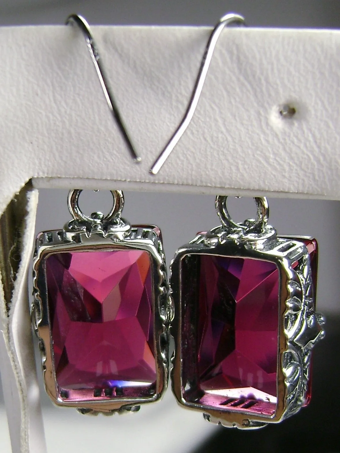 Ruby Earrings, GL Earrings, Art Deco Sterling Silver Filigree, Vintage Jewelry #E15.