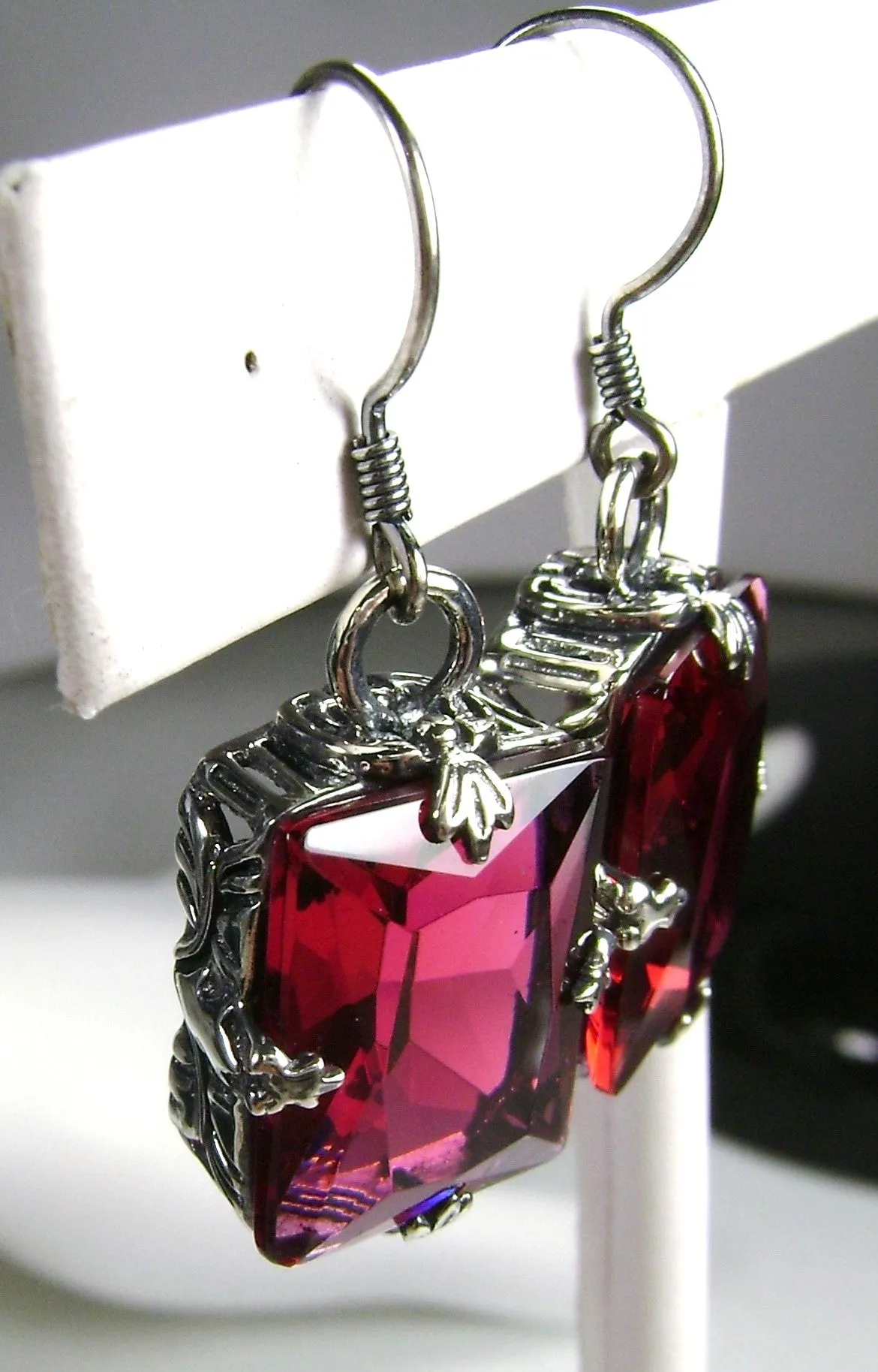 Ruby Earrings, GL Earrings, Art Deco Sterling Silver Filigree, Vintage Jewelry #E15.