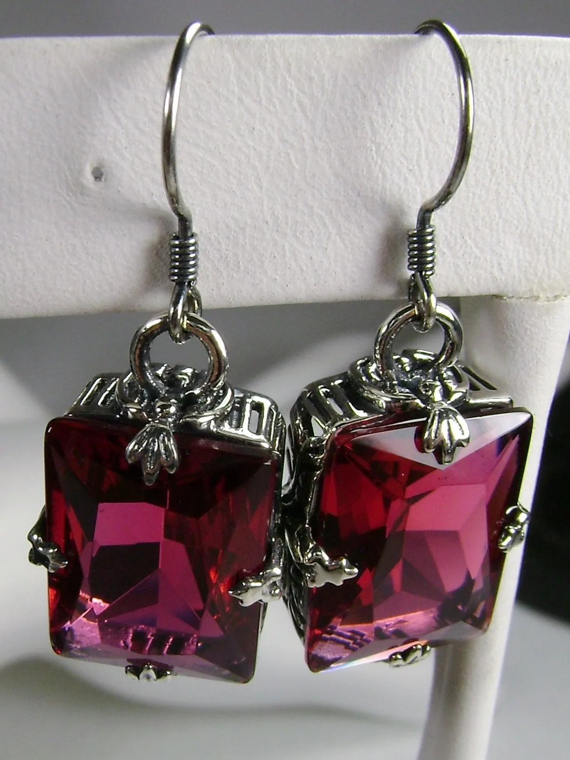 Ruby Earrings, GL Earrings, Art Deco Sterling Silver Filigree, Vintage Jewelry #E15.