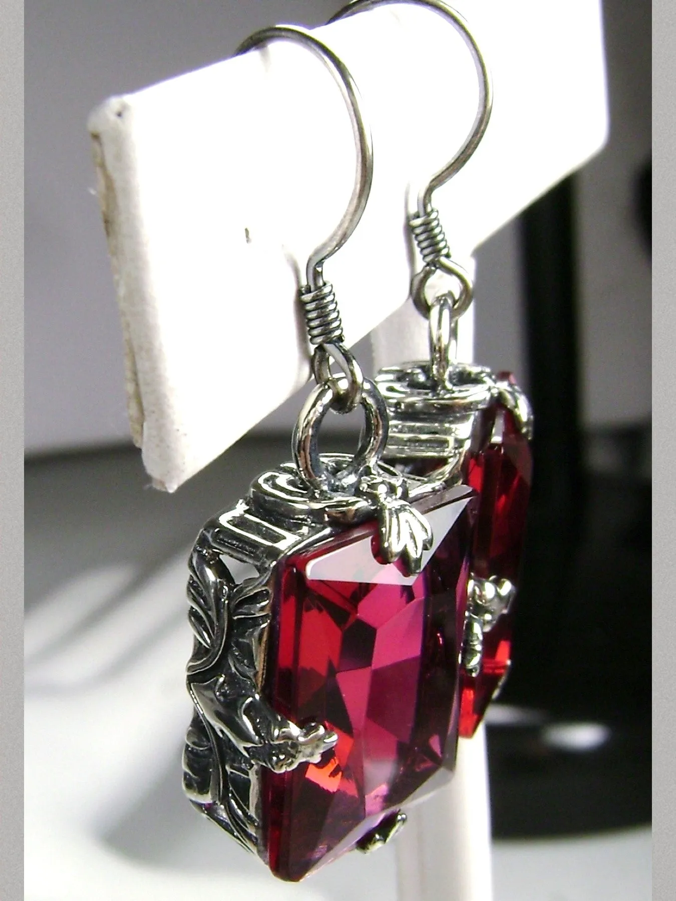 Ruby Earrings, GL Earrings, Art Deco Sterling Silver Filigree, Vintage Jewelry #E15.