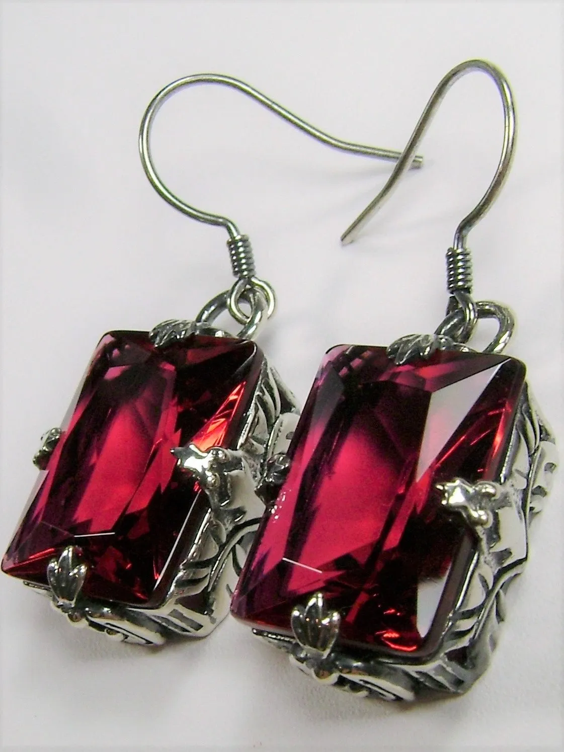 Ruby Earrings, GL Earrings, Art Deco Sterling Silver Filigree, Vintage Jewelry #E15.