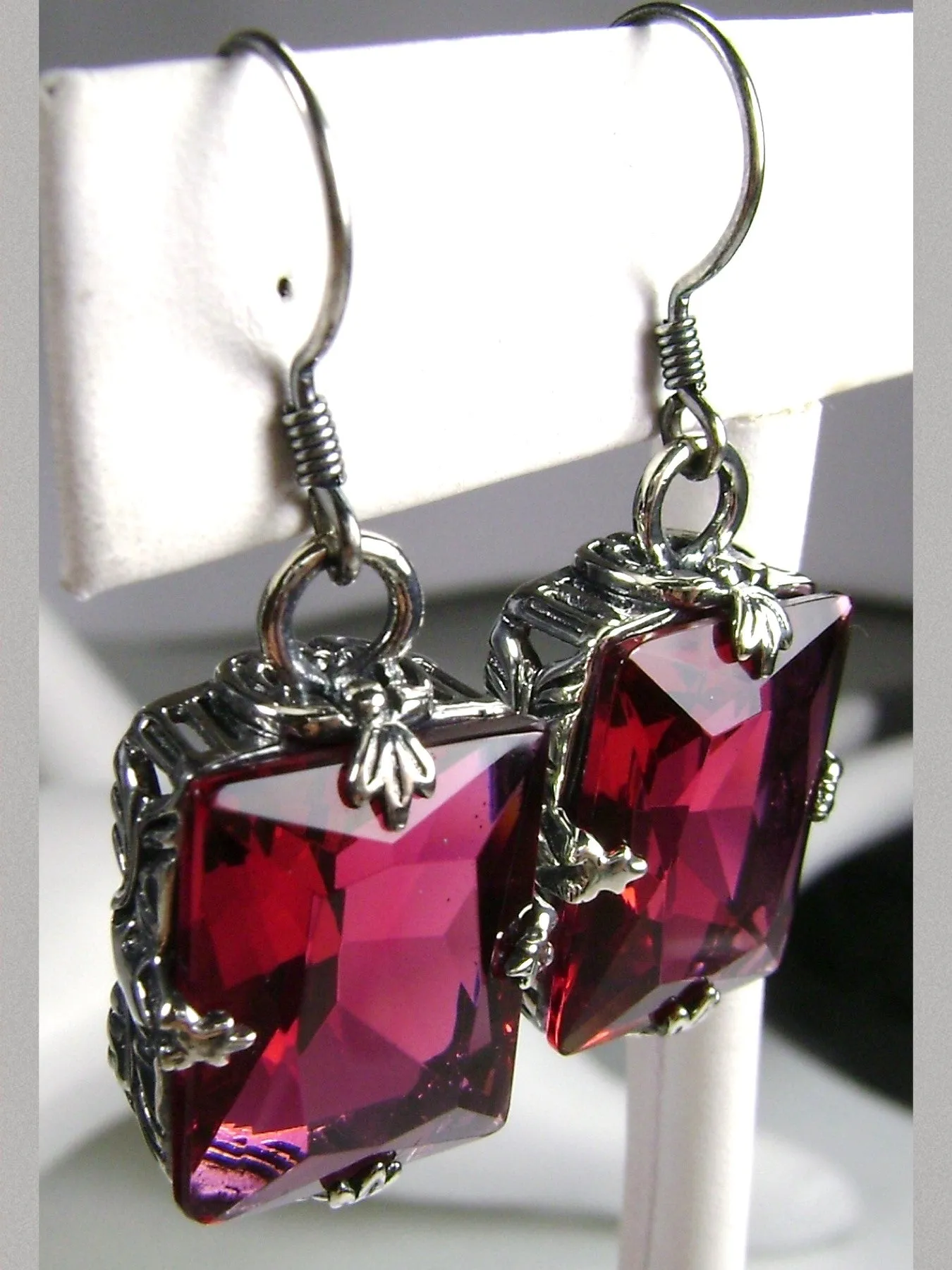 Ruby Earrings, GL Earrings, Art Deco Sterling Silver Filigree, Vintage Jewelry #E15.
