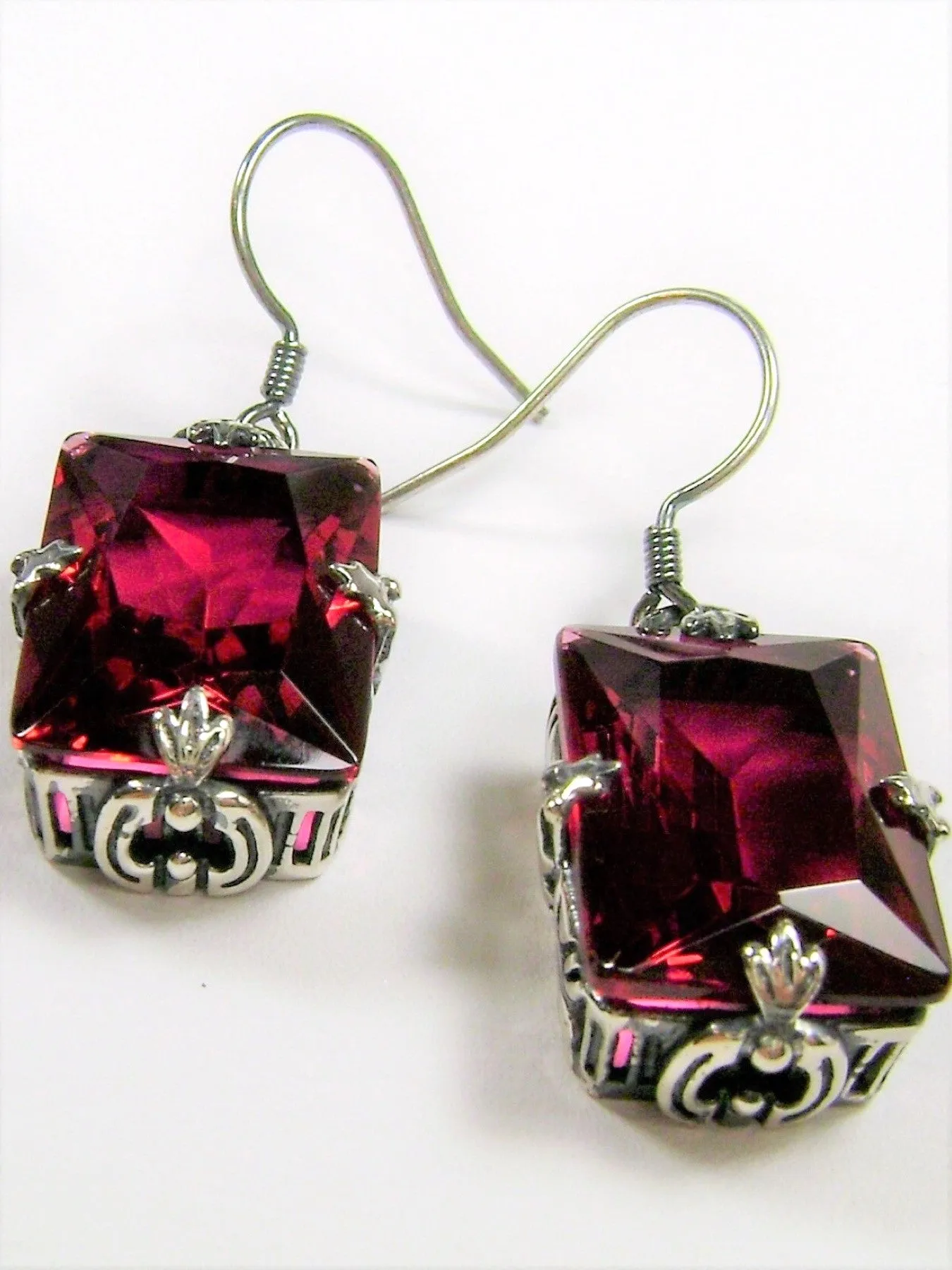 Ruby Earrings, GL Earrings, Art Deco Sterling Silver Filigree, Vintage Jewelry #E15.